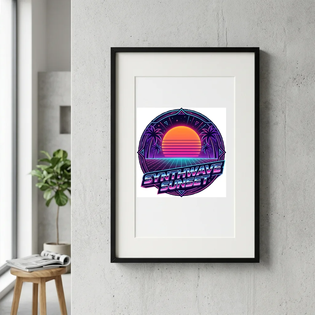 Palm Tree Silhouette Neon Glow — Gallery Framed Art Poster (Exhibition Frame)